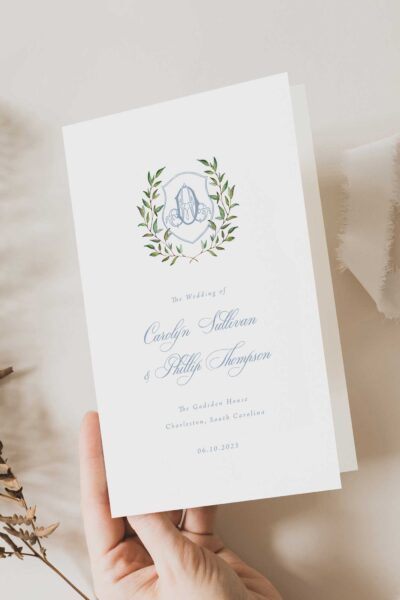 sibyl dusty blue monogram crest wedding ceremony program booklet