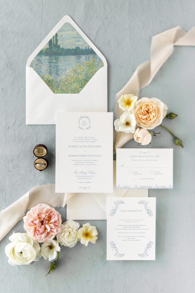Audrey blue Victorian chinoiserie fine art wedding invitation