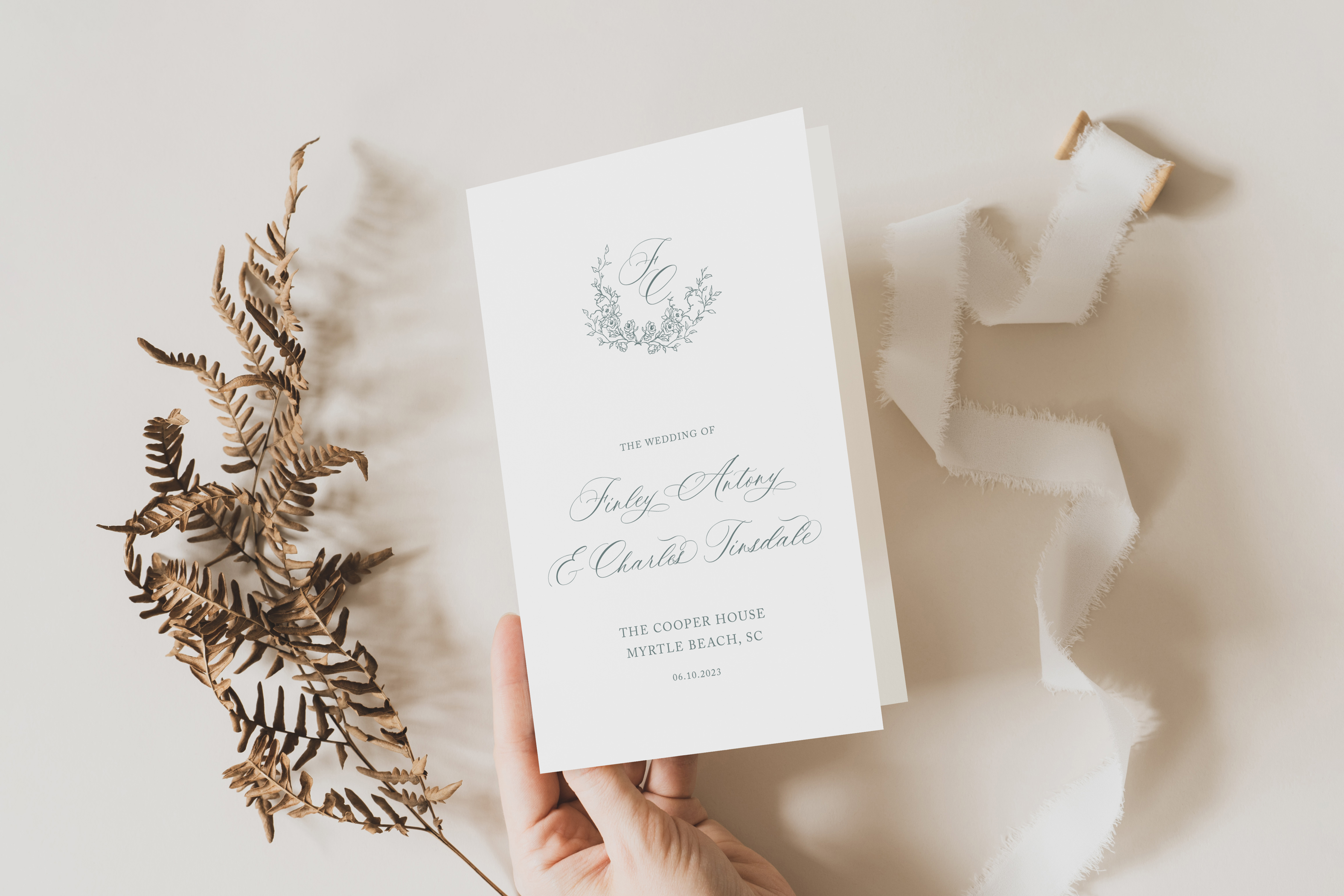 willow open floral wreath crest wedding ceremony program booklet