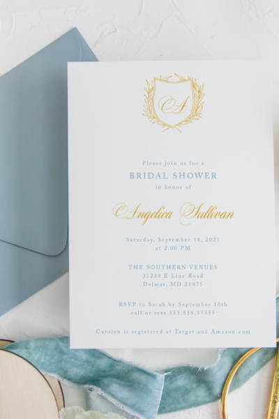 camille french blue garden crest bridal shower invitation