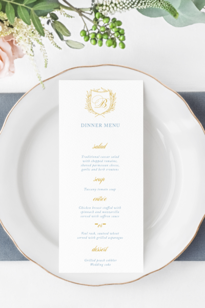 camille french blue garden crest wedding reception menu card