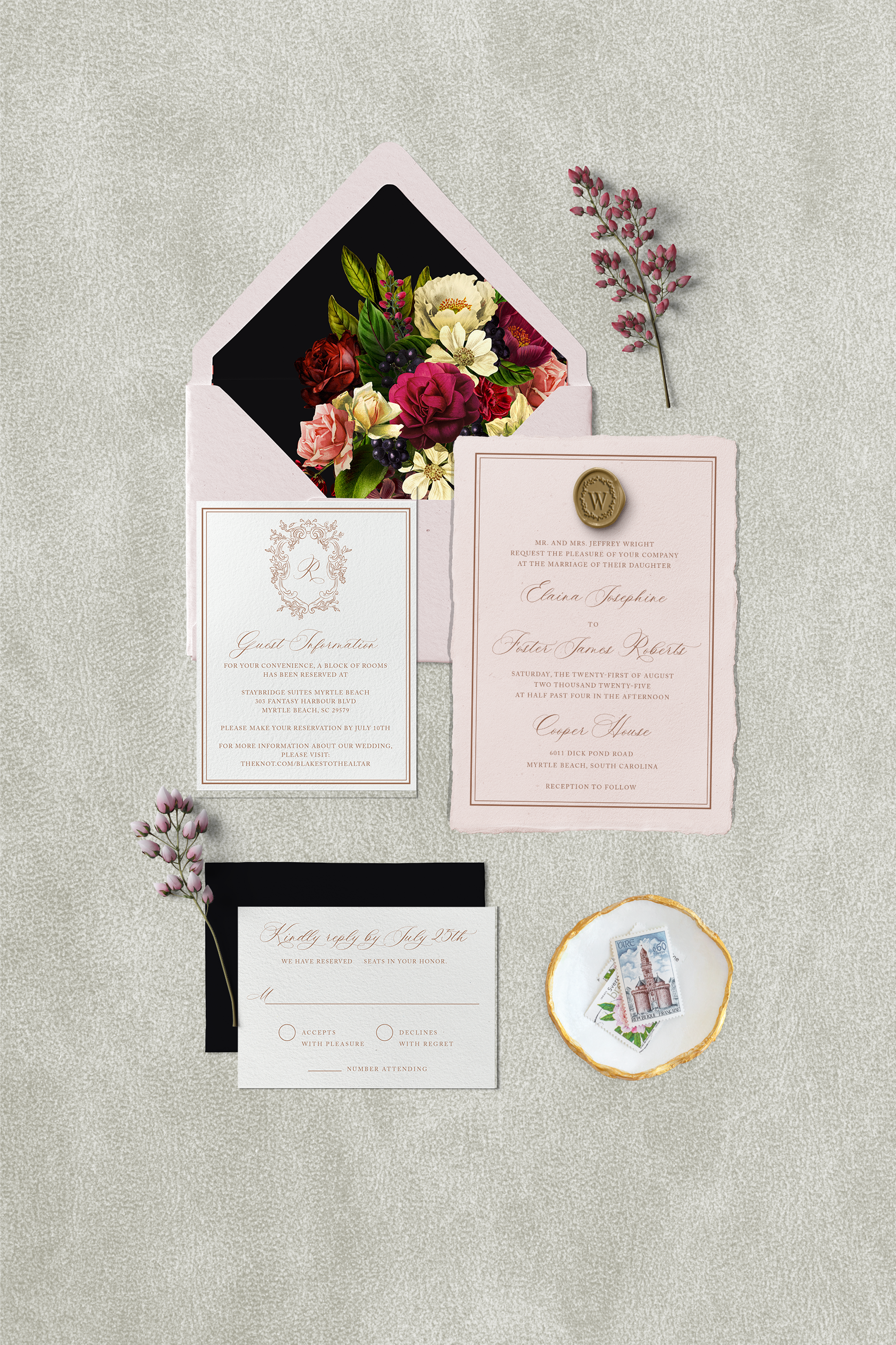 elaina floristic frames traditional wax seal wedding invitation