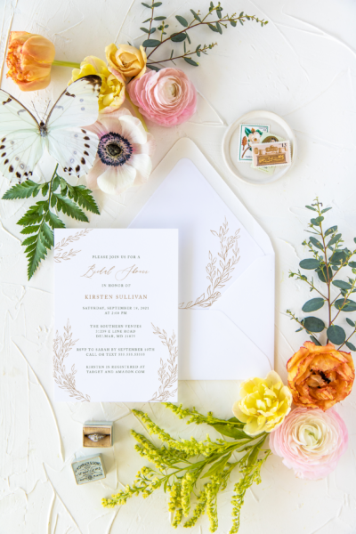 fern hand drawn branch monogram crest bridal shower invitation