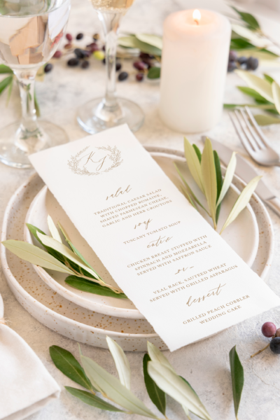fern hand drawn wreath monogram wedding menu card