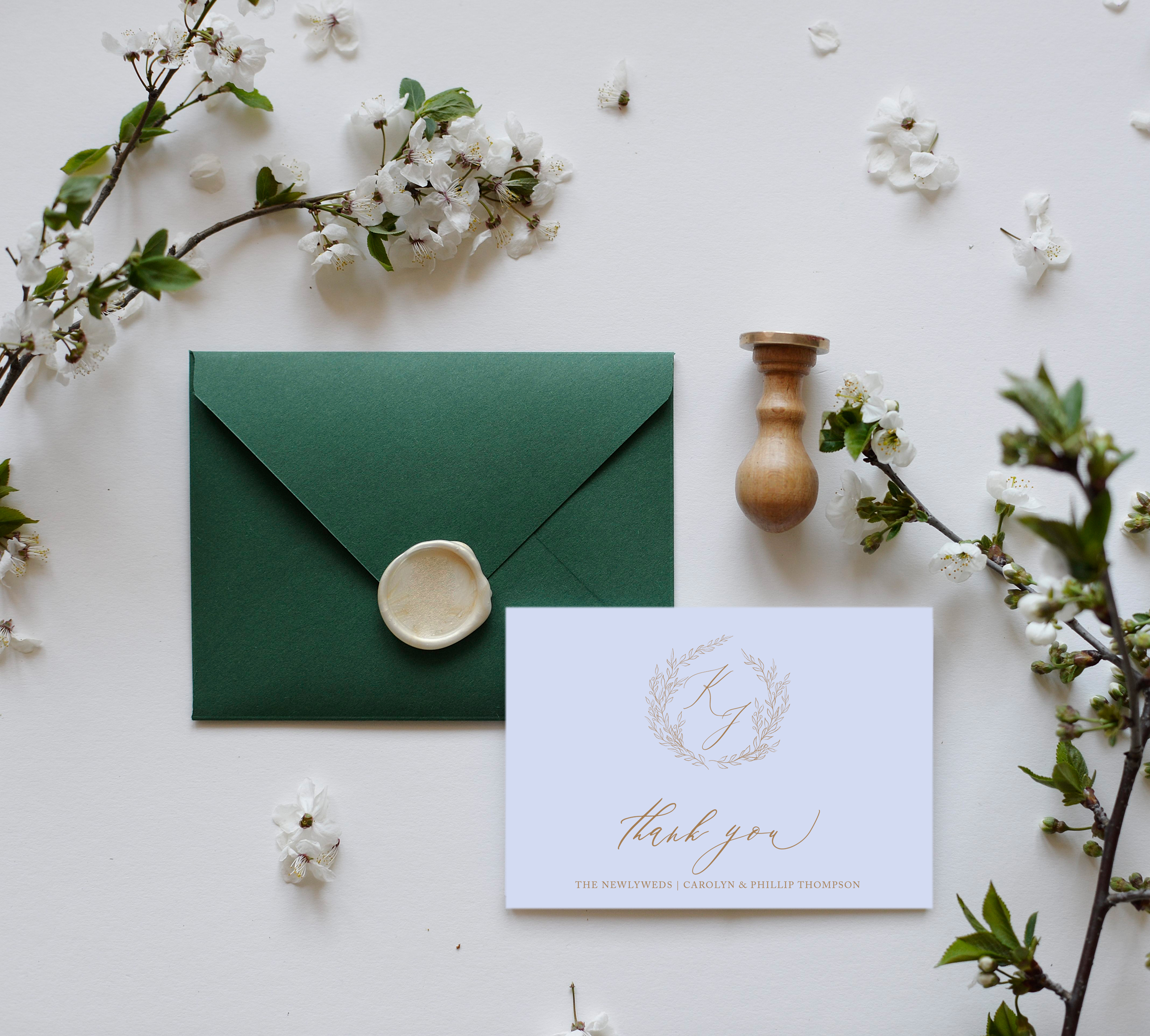 fern hand drawn wreath monogram wedding thank you card