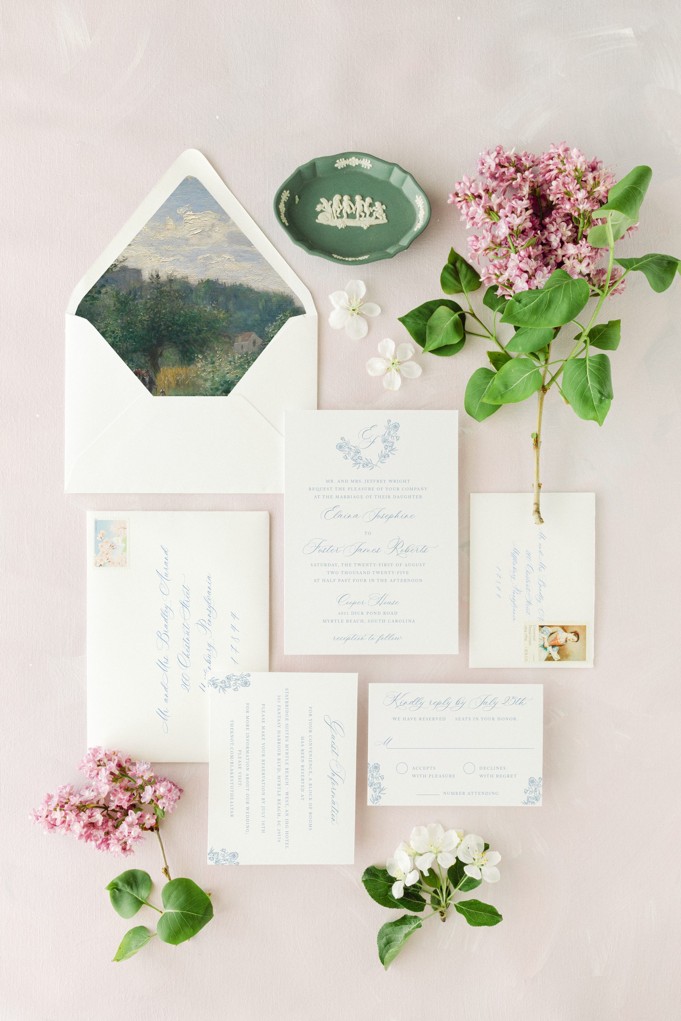 foster ink heirloom floral calligraphy monogram wedding invitation