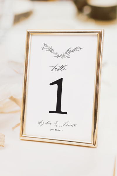 harlow table numbers with hand drawn laurel branches