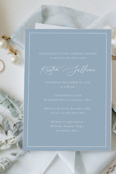 lilou traditional dusty blue bridal shower invitation