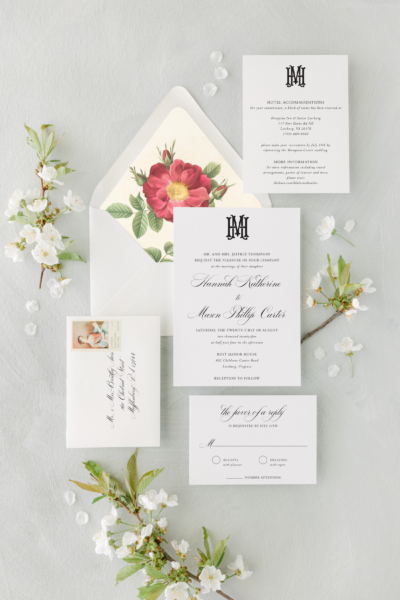 poppy traditional monogram wedding invitation