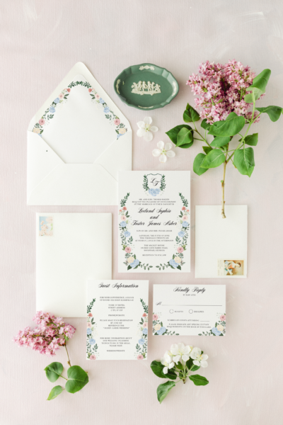 sophie floral monogram crest wedding invitation