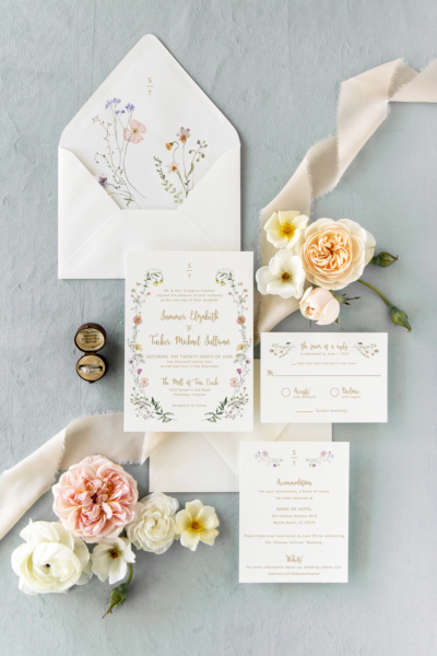 summer mild meadow wildflowers french floral wedding invitation suite