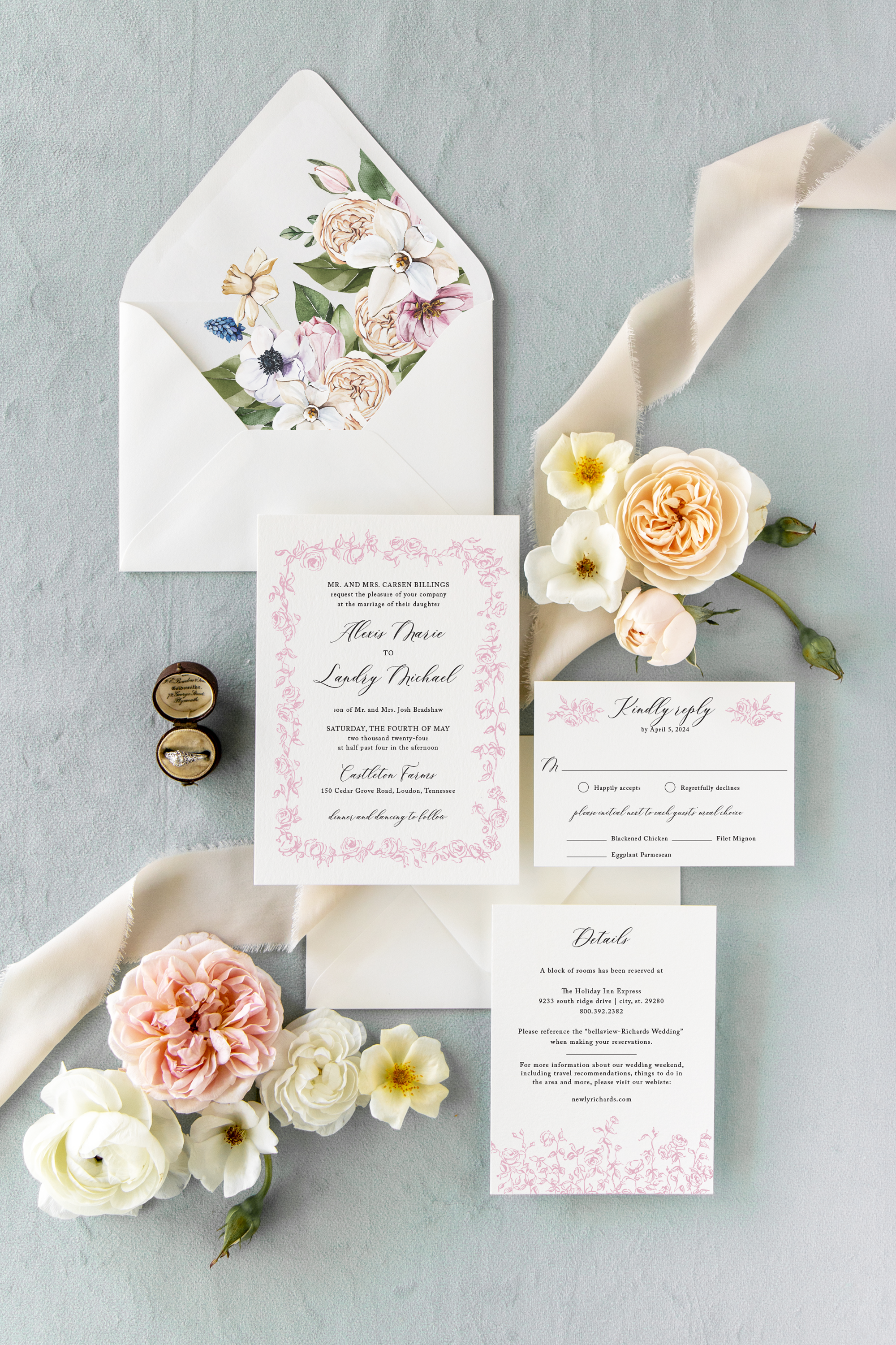 alexis rose fine art wedding invitation with spring envelope liner