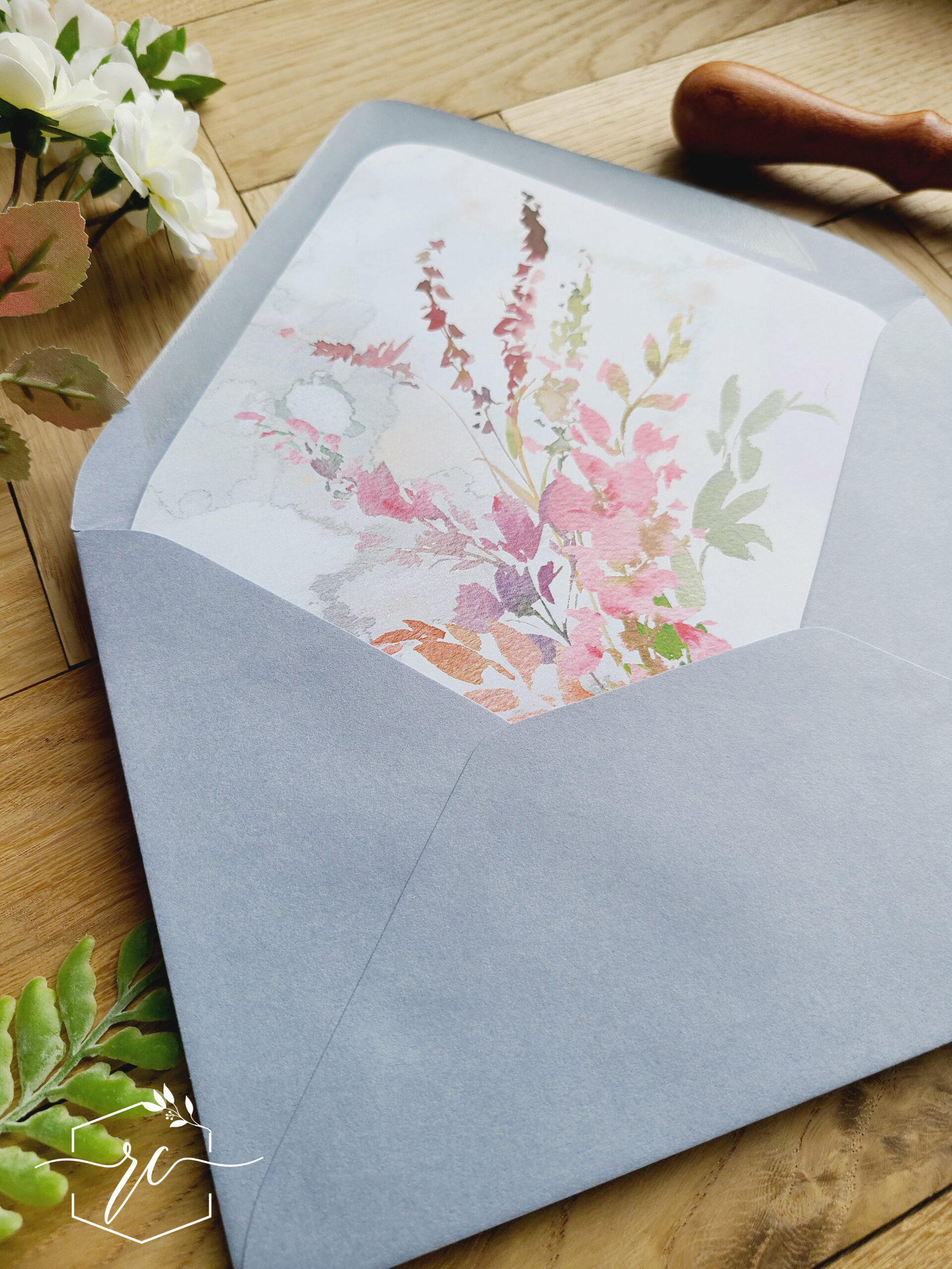 bon matin watercolor wildflowers envelope liner with dusty blue envelopes