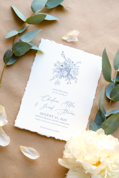 tori dusty blue french toile floral save the date card