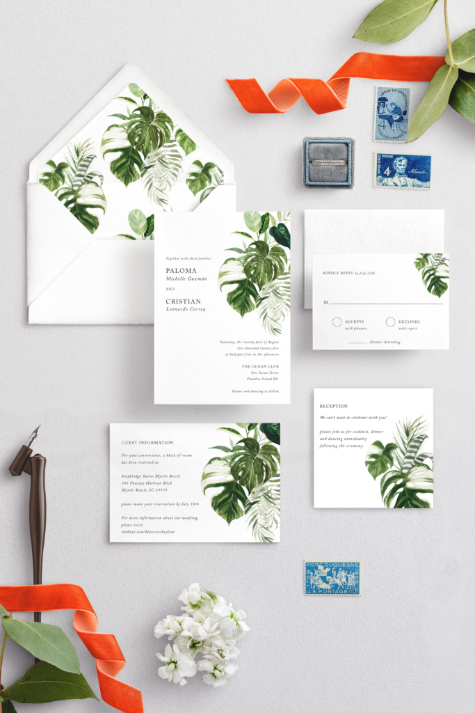 paloma salt tropical modern wedding invitation