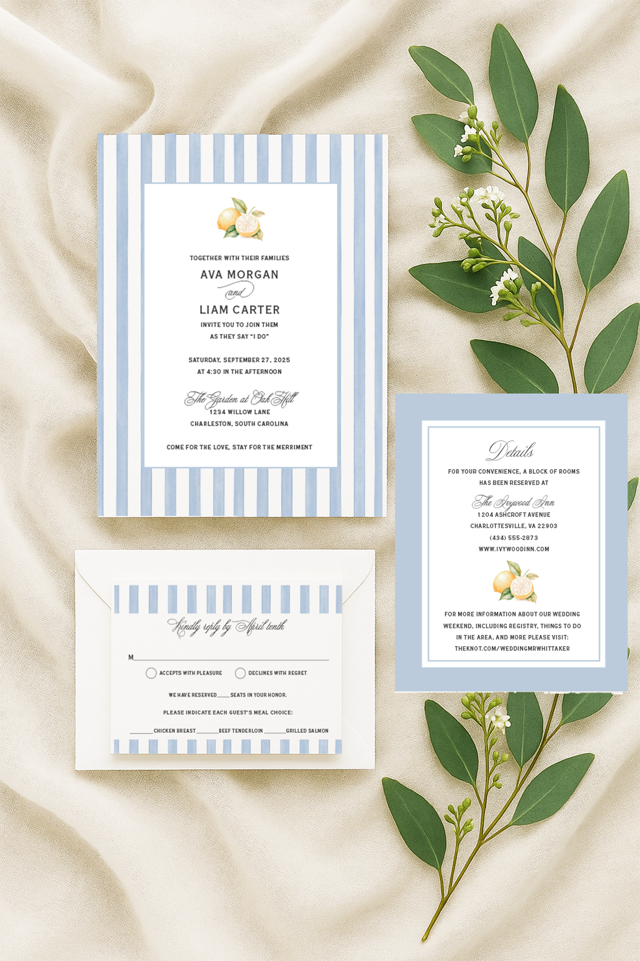 celeste nautical lemon stripe wedding invitation suite