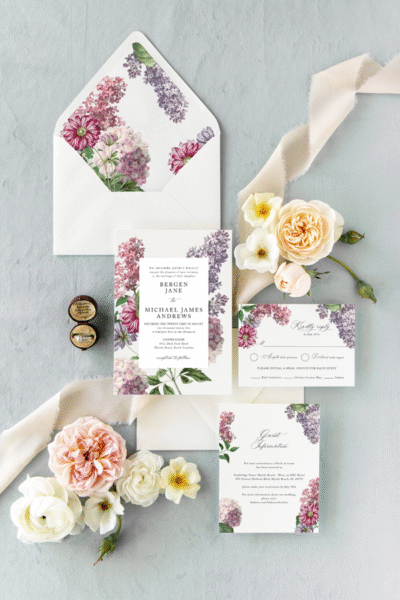 the bergen wedding invitation collection with hydrangeas lilacs
