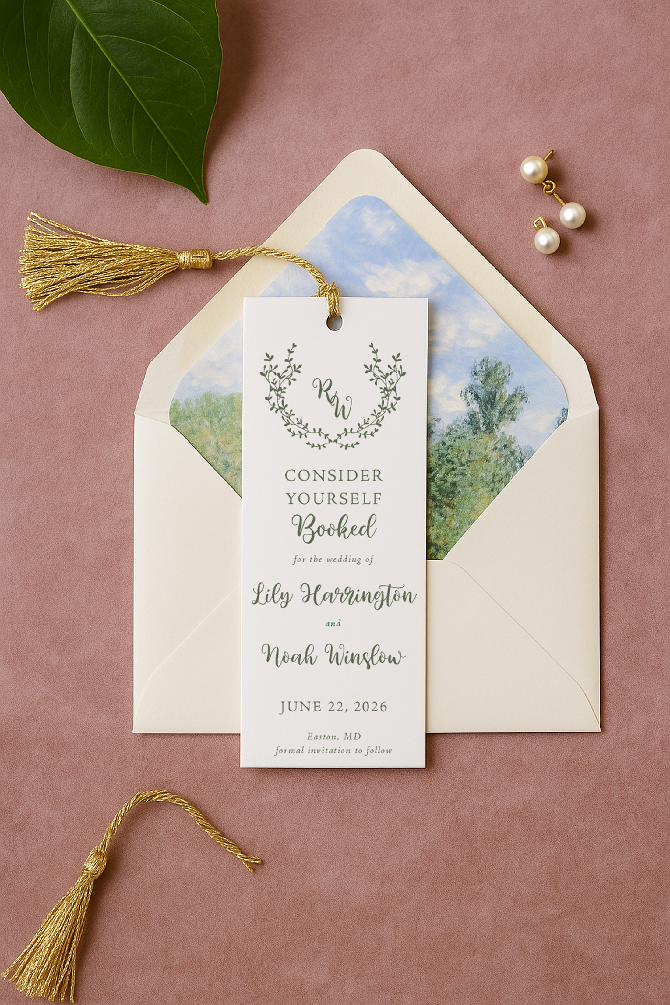 rosemary wreath crest bookmark save the date