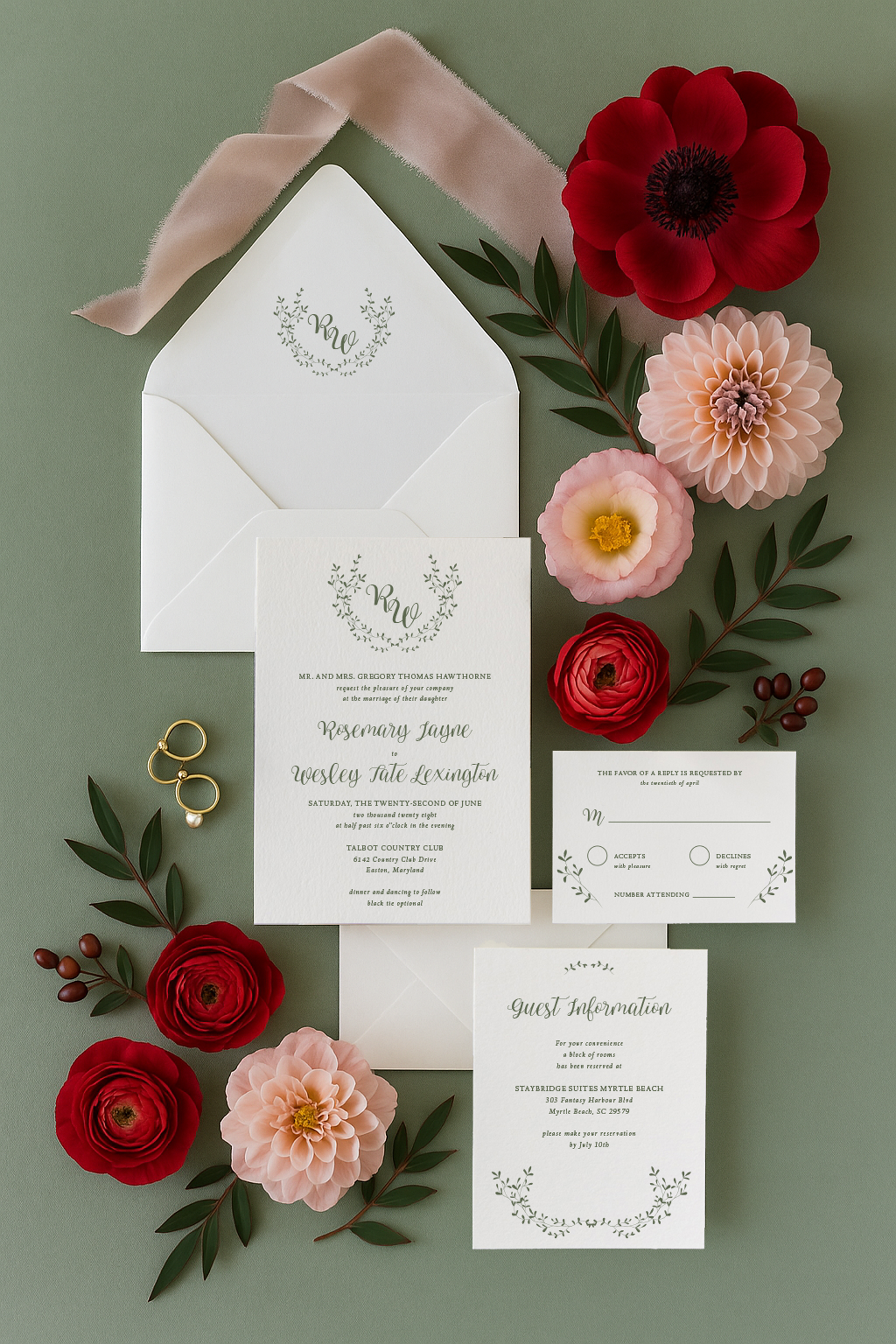 rosemary wreath crest wedding invitation suite