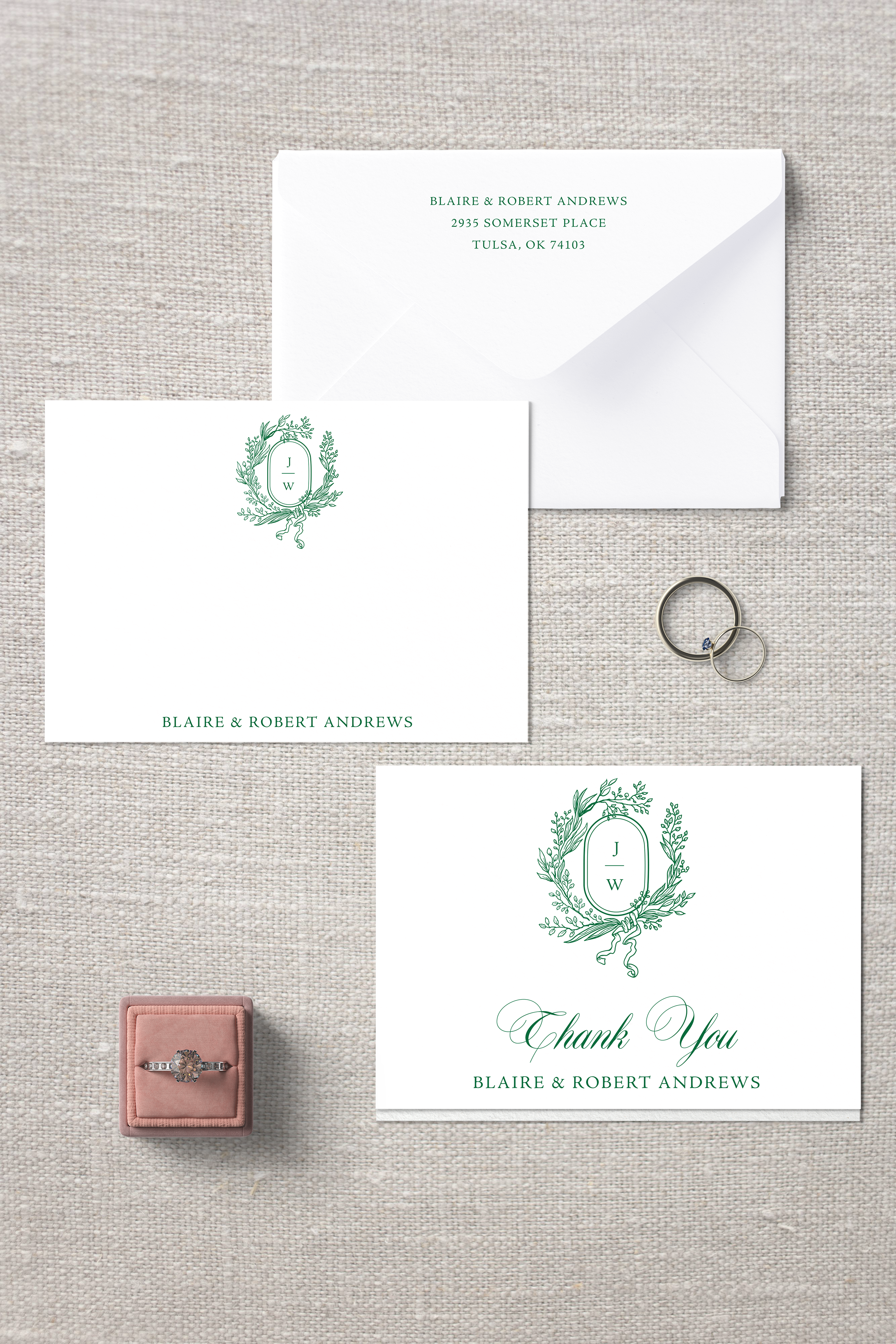 Julianne wreath crest thank you card