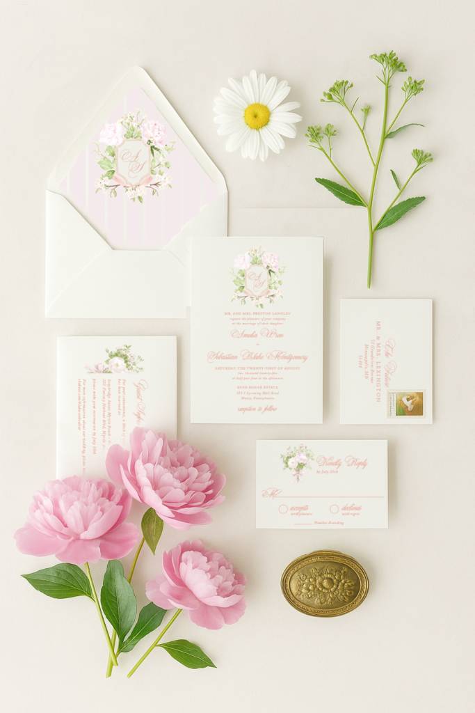 nella preppy blush sage wedding invitation