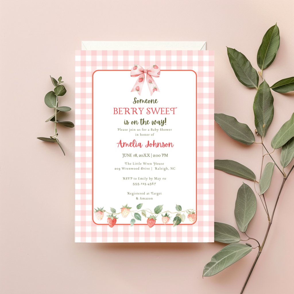 berry sweet gingham baby shower invitation template