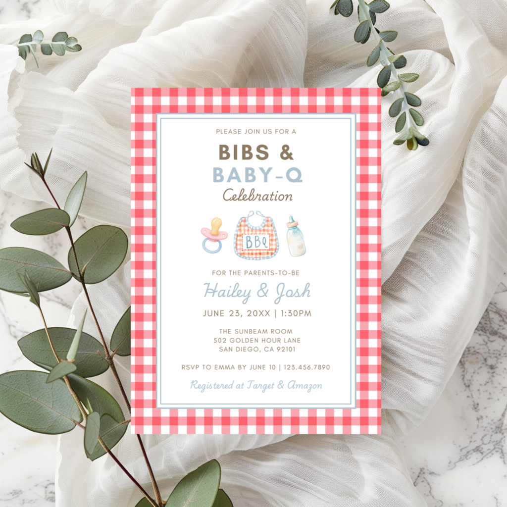 bibs and baby q gingham baby shower invitation template