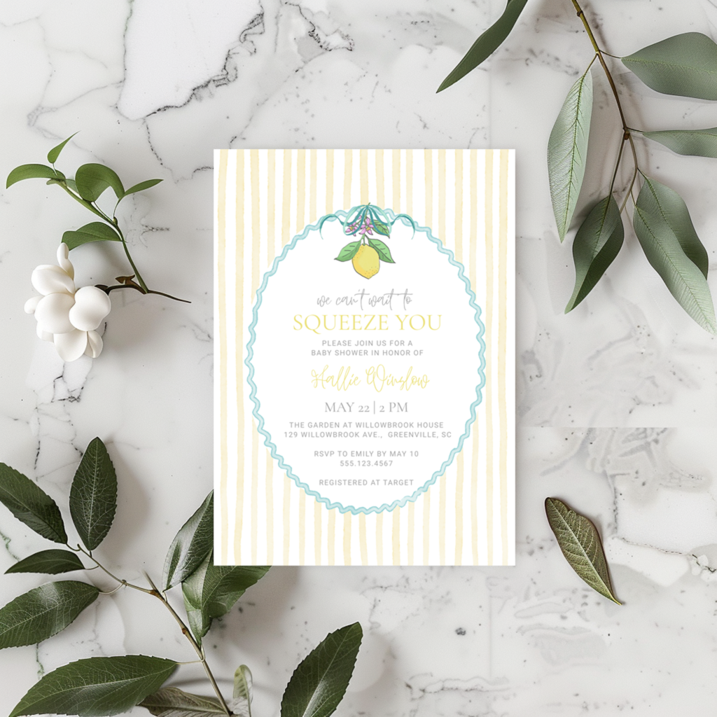 lemon squeeze stripe baby shower invitation template
