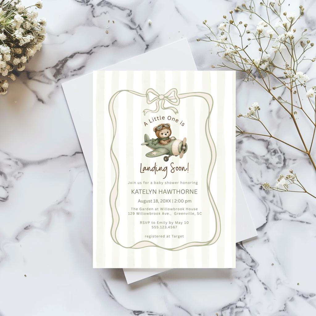 neutral sage teddy bear airplane baby shower invitation template