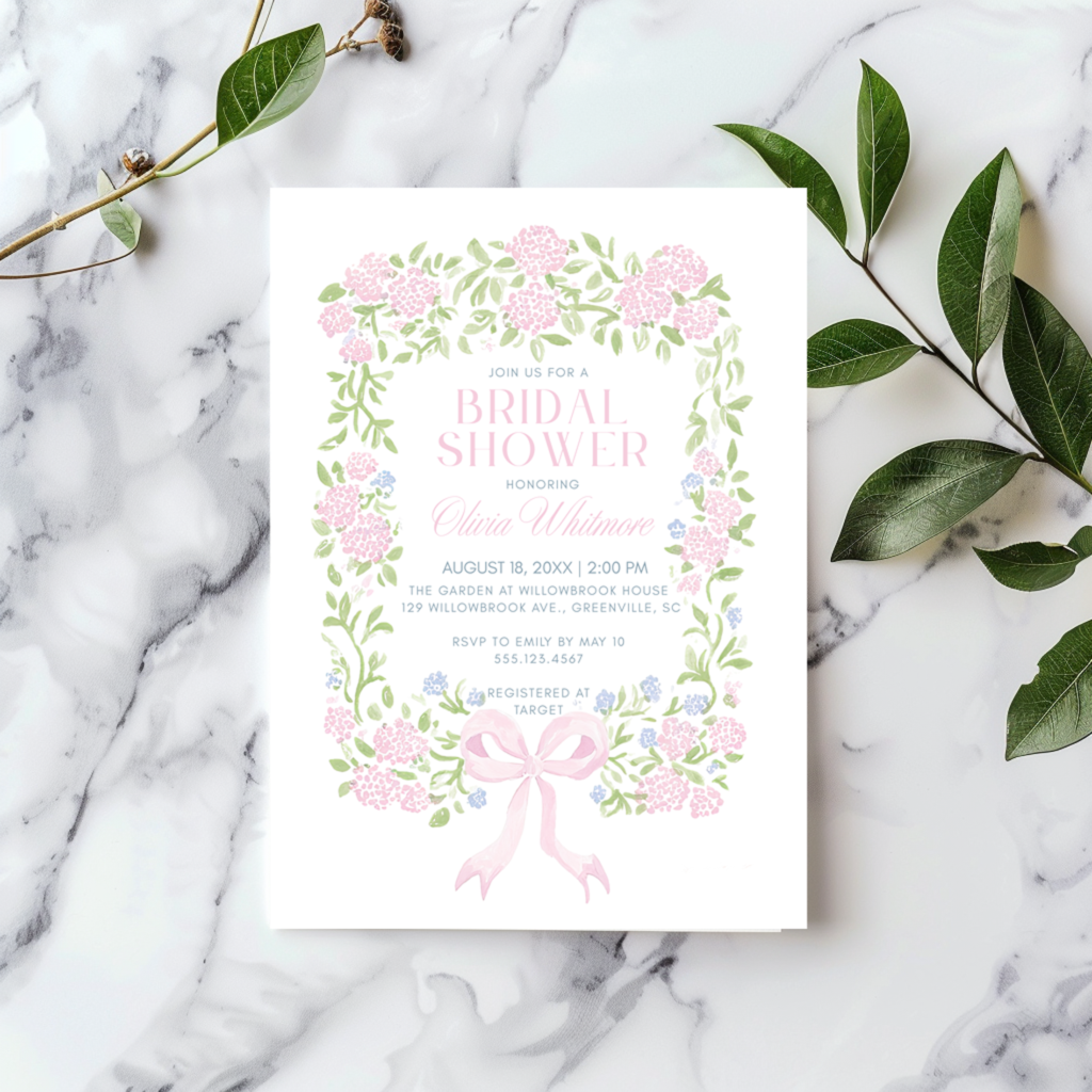 pink blue hydrangea grandmillennial bridal shower canva template digital download