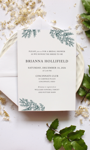 constance juniper winter greens bridal shower invitation
