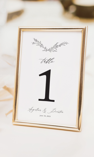 harlow table numbers with hand drawn laurel branches
