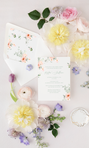 karina peach floral bridal shower invitation