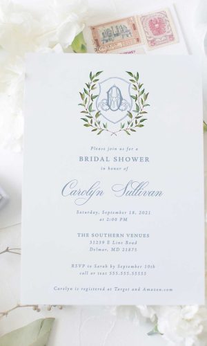 sibyl dusty blue classic monogram crest bridal shower invitation