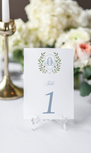 sibyl dusty blue classic monogram crest table numbers
